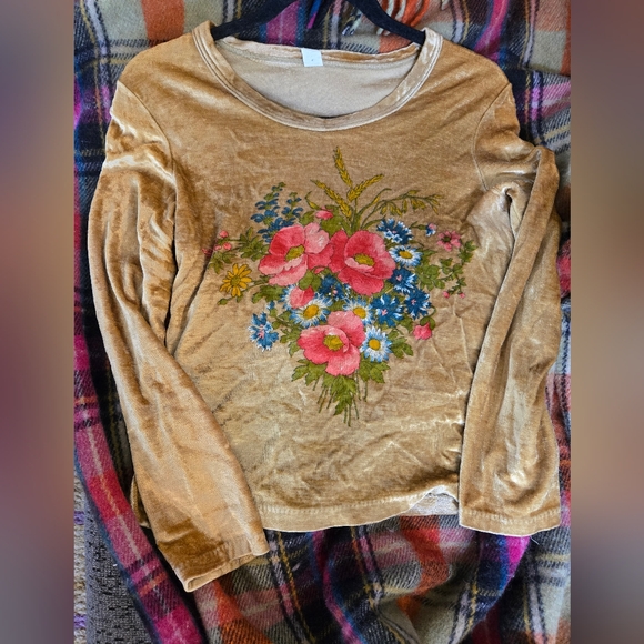 Floral Print Tan Velvet Top - Picture 1 of 6